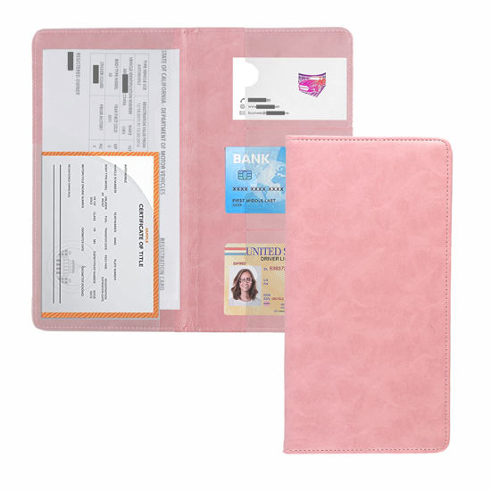 Picture of UYYE Auto Car Registration and Insurance Documents Holder - PU Leather Vehicle Glove Box Documents Organizer Wallet, Car Interior Accessories Case Holder for Essential Automobile Documents（Pink）