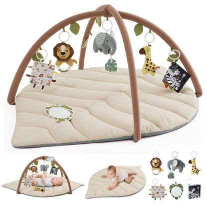 Picture of Blissful Diary Baby Play Gym & Activity Mat, Leaf Shaped Baby Tummy Time Play Mat with 6 Detachable Toys, Promotes Motor Skills & Sensory Development, Newborn Baby Essentials Gift, Oatmeal Beige