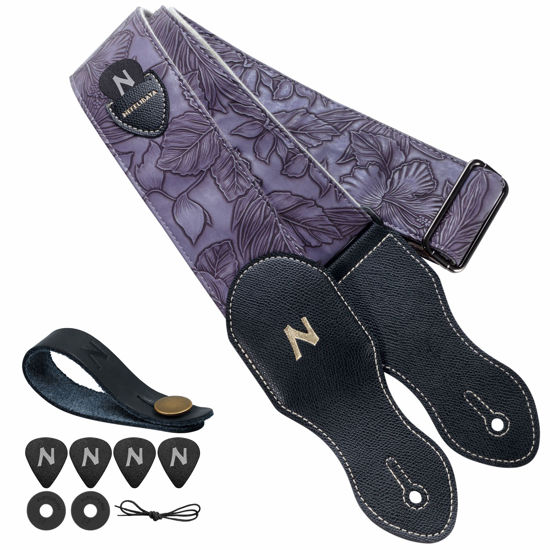 Picture of Nefelibata Guitar Strap with Pick Pocket,2.3 inch Porter Style Leather Carving Guitar Straps with Leather Ends,60s Vintage Style (Purple)