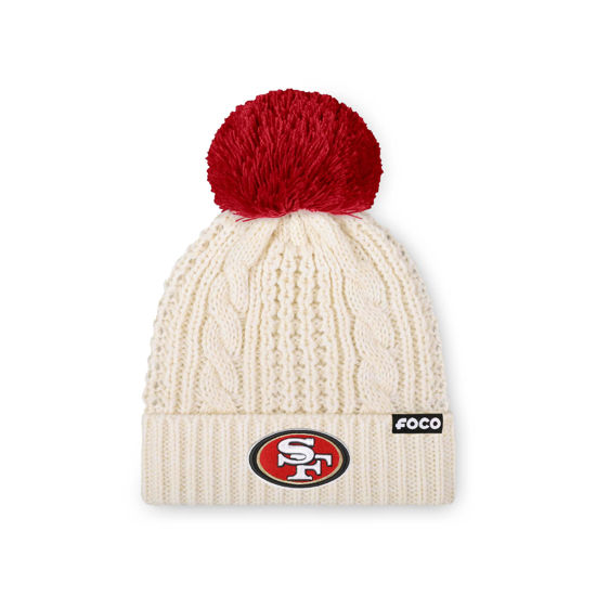 Picture of FOCO Women's San Francisco 49ers NFL Team Logo Cable Knit Pom Beanie Hat, White