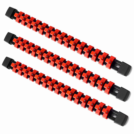 Picture of ALOANES 3 PC ABS Socket Organizer, 3/8 inch, Drive Socket Rail Holders, Heavy Duty Socket Racks, Black Rails with Red Clips