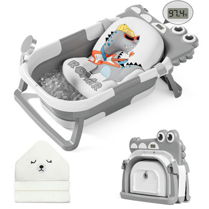 Picture of MoreFeel Collapsible Baby Bathtub for Newborn with Thermometer & 1 Hooded Towel & 1 Soft Floating Cushion,Portable Travel Bathtub with Drain Hole, Durable Foldable Baby Tubs for Infants to Toddler
