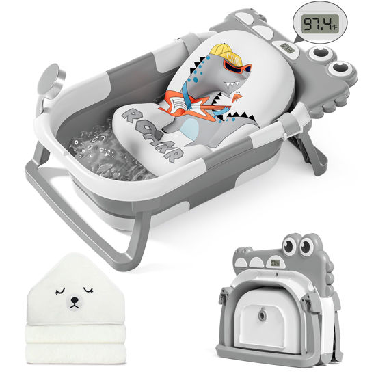 Picture of MoreFeel Collapsible Baby Bathtub for Newborn with Thermometer & 1 Hooded Towel & 1 Soft Floating Cushion,Portable Travel Bathtub with Drain Hole, Durable Foldable Baby Tubs for Infants to Toddler