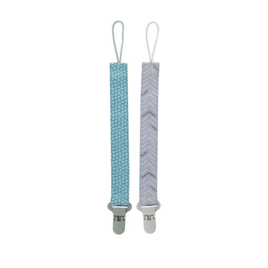 Picture of Nuby Pacifinder Baby Pacifier Clip - (2-Pack) - Pacifier Holder Clip with Convenient Hook Loop - Green Dots and Gray Arrows