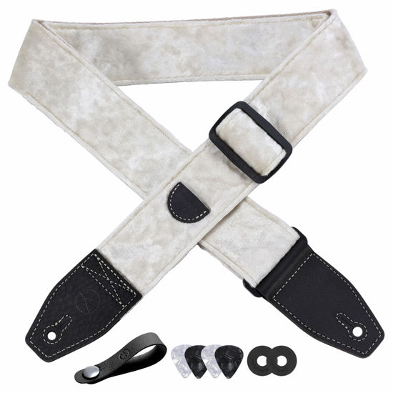 Picture of YIKOKO Guitar Strap 2 inch Velvet Guitar Straps with Full Grain Leather End, for Bass Electric and Acoustic Guitars, Free Strap Button, 2 Strap Locks and 4 Guitar Picks