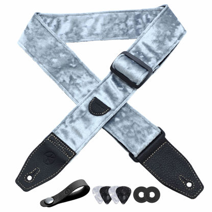 Picture of YIKOKO Guitar Strap 2 inch Velvet Guitar Straps with Full Grain Leather End, for Bass Electric and Acoustic Guitars, Free Strap Button, 2 Strap Locks and 4 Guitar Picks