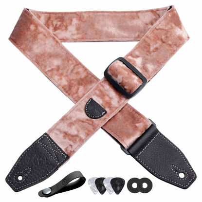 Picture of YIKOKO Guitar Strap 2 inch Velvet Guitar Straps with Full Grain Leather End, for Bass Electric and Acoustic Guitars, Free Strap Button, 2 Strap Locks and 4 Guitar Picks