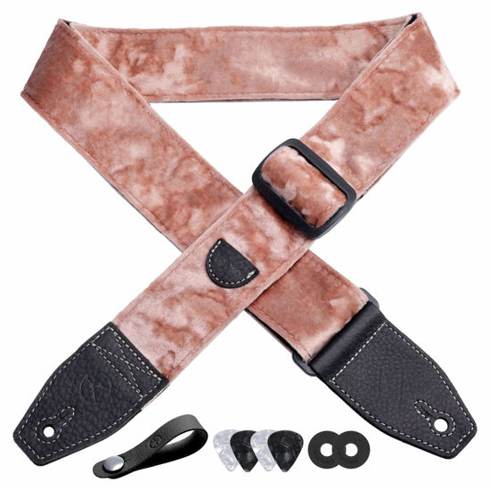 Picture of YIKOKO Guitar Strap 2 inch Velvet Guitar Straps with Full Grain Leather End, for Bass Electric and Acoustic Guitars, Free Strap Button, 2 Strap Locks and 4 Guitar Picks