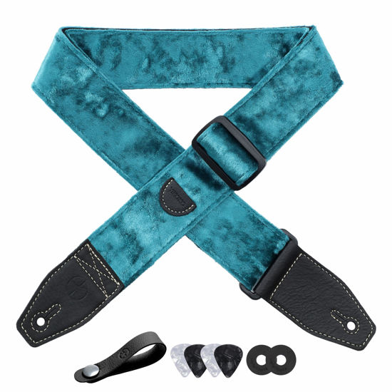 Picture of YIKOKO Guitar Strap 2 inch Velvet Guitar Straps with Full Grain Leather End, for Bass Electric and Acoustic Guitars, Free Strap Button, 2 Strap Locks and 4 Guitar Picks