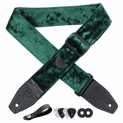 Picture of YIKOKO Guitar Strap 2 inch Velvet Guitar Straps with Full Grain Leather End, for Bass Electric and Acoustic Guitars, Free Strap Button, 2 Strap Locks and 4 Guitar Picks
