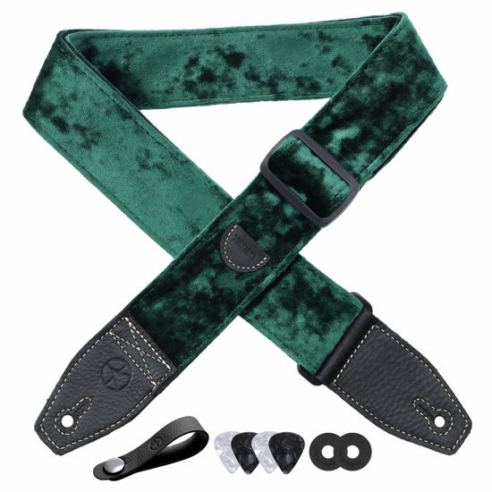 Picture of YIKOKO Guitar Strap 2 inch Velvet Guitar Straps with Full Grain Leather End, for Bass Electric and Acoustic Guitars, Free Strap Button, 2 Strap Locks and 4 Guitar Picks