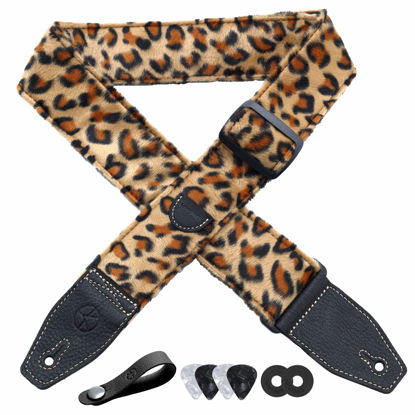 Picture of YIKOKO Guitar Strap 2 inch Velvet Guitar Straps with Full Grain Leather End, for Bass Electric and Acoustic Guitars, Free Strap Button, 2 Strap Locks and 4 Guitar Picks