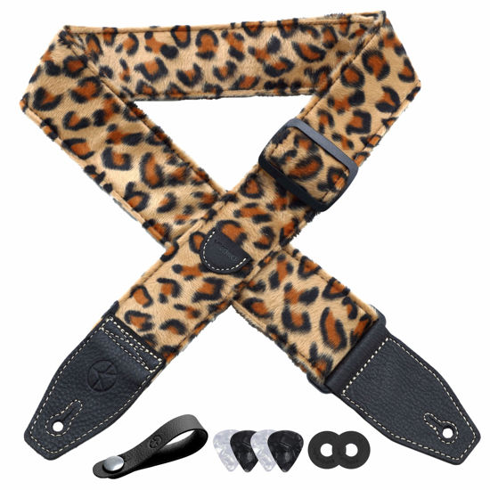 Picture of YIKOKO Guitar Strap 2 inch Velvet Guitar Straps with Full Grain Leather End, for Bass Electric and Acoustic Guitars, Free Strap Button, 2 Strap Locks and 4 Guitar Picks