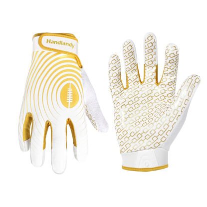 Picture of HANDLANDY Youth Football Gloves, Sticky Wide Receiver Gloves for Kids & Adult, White and Gold Stretch Fit Football Gloves (Large)