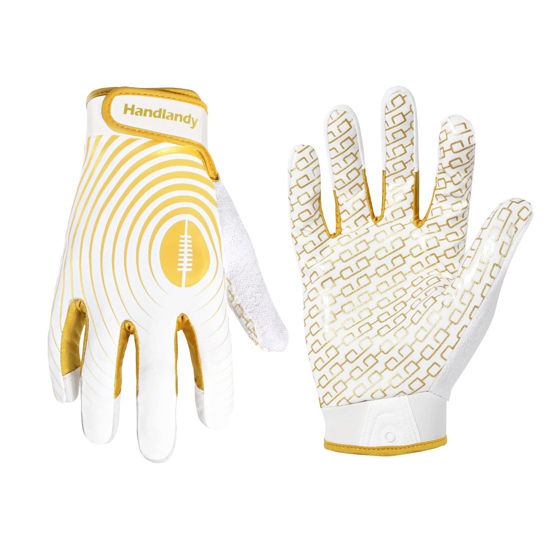 Picture of HANDLANDY Youth Football Gloves, Sticky Wide Receiver Gloves for Kids & Adult, White and Gold Stretch Fit Football Gloves (Large)
