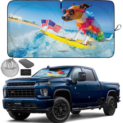 Picture of Autoamerics 1-Piece Windshield Sun Shade - Surf Dog Design Foldable Car Front Window Sunshade for Cars SUV Truck - Heat Blocker Visor Protector Blocks Max UV Rays and Keeps Your Vehicle Cool - Large