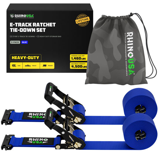 Picture of Rhino USA E Track Ratchet Tie Down Straps (4,500lb Break Strength) - Includes (2) Premium 2" x 16' eTrack Tie Downs - Ultimate Heavy Duty eTrack Cargo Strap System for Trailer, Truck, Motorcycle