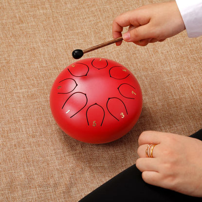 Picture of ZXZYHFTY Steel Tongue Drum, 6 Inch 8 Note Steel Hand Drum with Bag, Music Book, Drumsticks, Mallet Holder and Finger Paddles, for Camping, Meditation or Yoga .(Red)