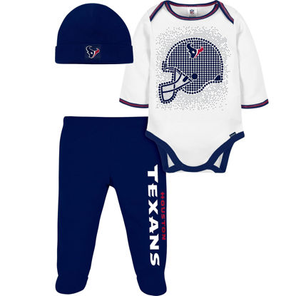 Picture of Gerber NFL Houston Texans 3 Pack Bodysuit Footed Pant and Cap Registry Gift Set, blue/white Houston Texans, 3-6M