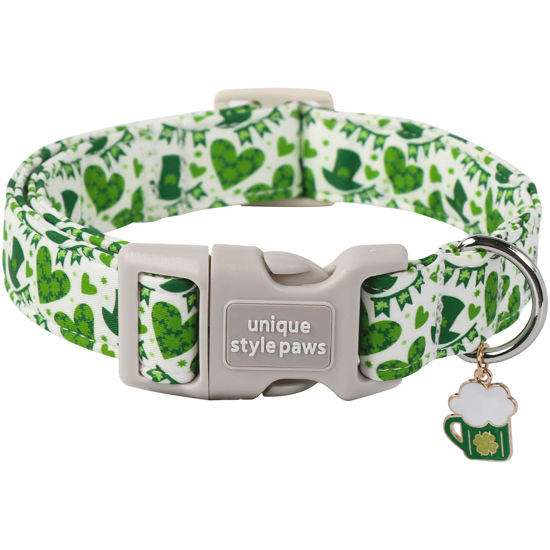 Picture of Unique style paws St. Patrick's Day Dog Collar Plastic Buckle Collar with Pendant Green Lucky Magic Hat Gift for Small Medium Large Boys Girls Dogs