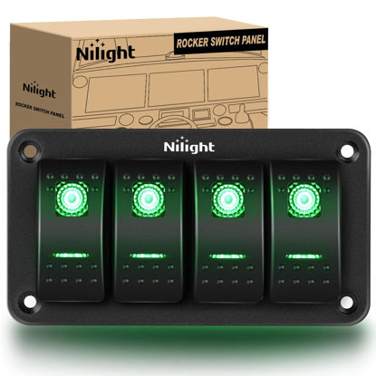 Picture of Nilight 4 Gang Rocker Switch Panel 5Pin On Off Toggle Switch Aluminum Holder 12V 24V Dash Pre-Wired Green Backlit Switches for Automotive Cars Marine Boats RVs Truck