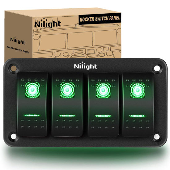Picture of Nilight 4 Gang Rocker Switch Panel 5Pin On Off Toggle Switch Aluminum Holder 12V 24V Dash Pre-Wired Green Backlit Switches for Automotive Cars Marine Boats RVs Truck