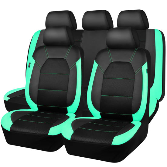 Picture of CAR PASS Leather Seat Covers, Breathable Universal Car Seat Cover Full Set for Cute Women Girly,Super 5mm Composite Sponge Inside,Airbag Compatible Fits Most Auto,SUVs,Trucks,Vans(Full Set,Black&Mint)