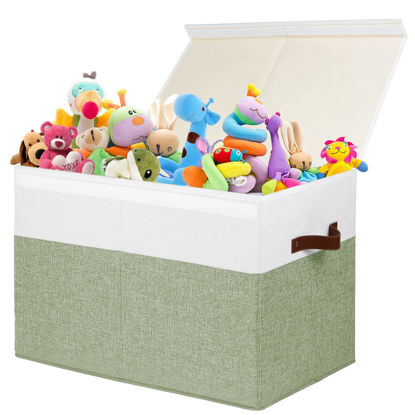 Picture of Large Toy Storage Box with Lid, Sturdy Toys Storage Chest Bin Organizer Basket with Dividers for Kids, Boys, Girls, Nursery, Closet, Bedroom, Playroom 25"x13" x16" (Green and White)
