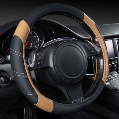 Picture of CAR PASS Line Rider Microfiber Leather Sporty 14.5-15 inch Steering Wheel Cover Universal Fits for 95% Truck,SUV,Cars, Anti-Slip Safety Comfortable Design (Black Beige)