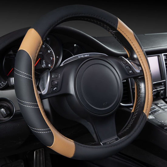 Picture of CAR PASS Line Rider Microfiber Leather Sporty 14.5-15 inch Steering Wheel Cover Universal Fits for 95% Truck,SUV,Cars, Anti-Slip Safety Comfortable Design (Black Beige)