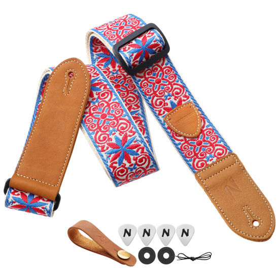 Picture of Nefelibata Guitar Strap,Double leather ends,Vintage Woven W/FREE BONUS-4 Picks+Strap Locks+Strap Button,Best Gift For Bass,Electric&Acoustic Guitars for Guitar(Vintage blue red embroidery)