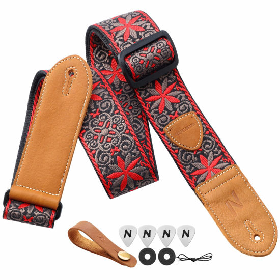 Picture of Nefelibata Guitar Strap,Double leather ends,Vintage Woven W/FREE BONUS-4 Picks+Strap Locks+Strap Button,Best Gift For Bass,Electric&Acoustic Guitars for Guitar(Vintage red brown embroidery)