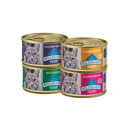 Picture of Blue Buffalo Wilderness High Protein Grain Free, Natural Adult Pate Wet Cat Food Variety Pack, Chicken, Salmon, Duck, and Turkey, 3-oz Can, 24 Count