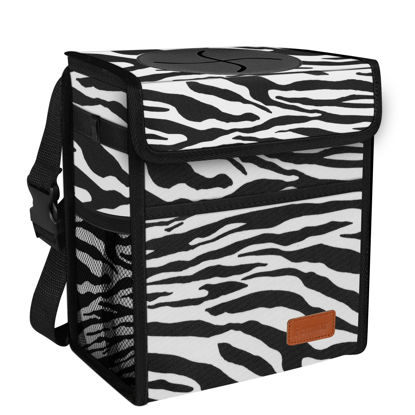 Picture of Femuar Car Trash Can Leak Proof Car Trash Bag Waterproof Car Garbage Can with Lid for SUV Multipurpose Car Hanging for Headrest Collapsible and Portable with Storage Mesh Pocket, Zebra Stripe