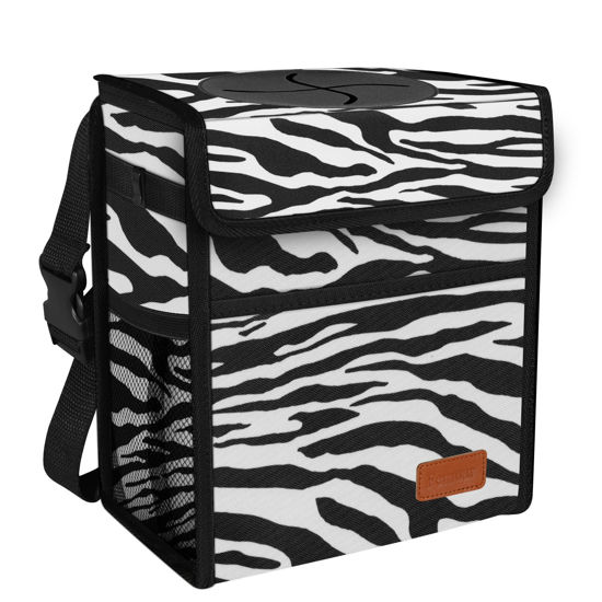 Picture of Femuar Car Trash Can Leak Proof Car Trash Bag Waterproof Car Garbage Can with Lid for SUV Multipurpose Car Hanging for Headrest Collapsible and Portable with Storage Mesh Pocket, Zebra Stripe