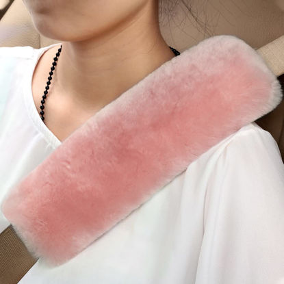 Picture of OGLAND Genuine Sheepskin Soft Fuzzy Car Seat Belt Pad,2 Pack Fluffy Seat Belt Cover for Shoulder Pad Neck Cushion Protector Car Accessories (Soft Pink)