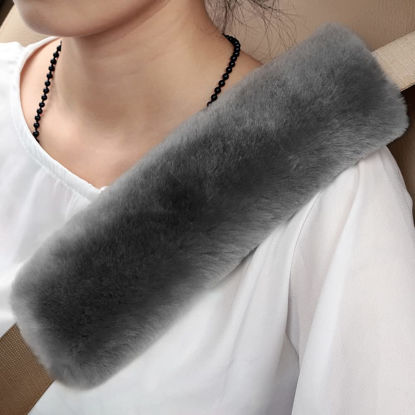 Picture of Genuine Sheepskin Soft Fuzzy Car Seat Belt Pad,2 Pack Fluffy Seat Belt Cover for Shoulder Pad Neck Cushion Protector Car Accessories (Graphite)