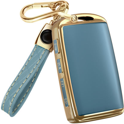 Picture of for Mazda CX5 Key Fob Cover and Leather Keychain - Full Cover Key Case for Mazda 3, 6, CX-5, CX-9, CX-30, CX-50, CX-70 - 2019-2024 TPU Keyfob Cover Compatible with WAZSKE11D0 - Blue and Gold