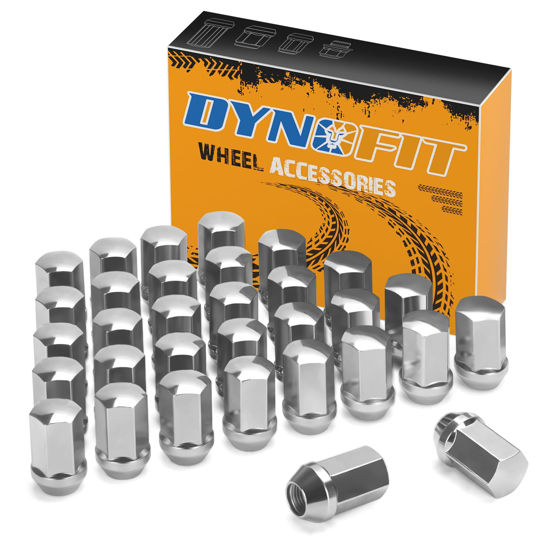 Picture of Dynofit 32pc OEM Lug Nuts for Che-vy Silverado GMC Sierra 2500 3500 2008+, M14x1.5 Chrome Wheel Nuts Compatible With Ram 2500 3500 2012+, One-piece Style 1.75"H Lug Nuts Set for 6&8 Lug OE Wheel (Big)