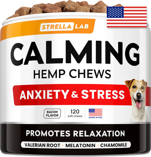 Picture of STRELLALAB Hemp Calming Chews for Dogs - Melatonin Dog Calming Treats - Anxiety Relief Supplement - Dog Calming Chews - Sleep & Stress Calming Aid for Dog Separation - 120ct Hickory Bacon Flavor