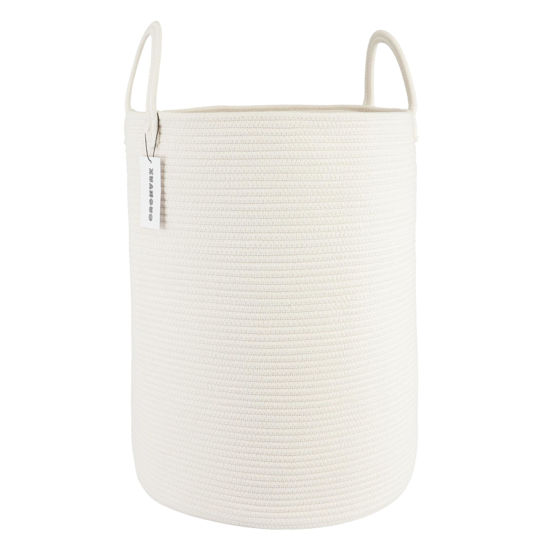 Picture of XUANGUO Cotton Rope Laundry Basket Hamper for Clothes Woven Storage Basket for Living Room Bedroom Boho Tall Rope Baskets for Blanket Toys Pillow Towels Baby Nursery Hamper Bin Large white