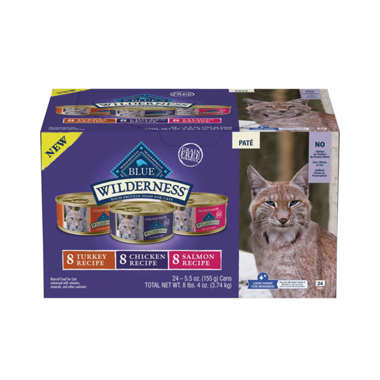 Picture of Blue Buffalo Wilderness High Protein, Natural Adult Pate Wet Cat Food Variety Pack, Chicken, Salmon, Turkey 5.5-oz can (24 count - 8 of Each Flavor)