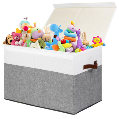 Picture of Large Toy Storage Box with Lid, Sturdy Toys Storage Chest Bin Organizer Basket with Dividers for Kids, Boys, Girls, Nursery, Closet, Bedroom, Playroom 25"x13" x16" (Grey and White)