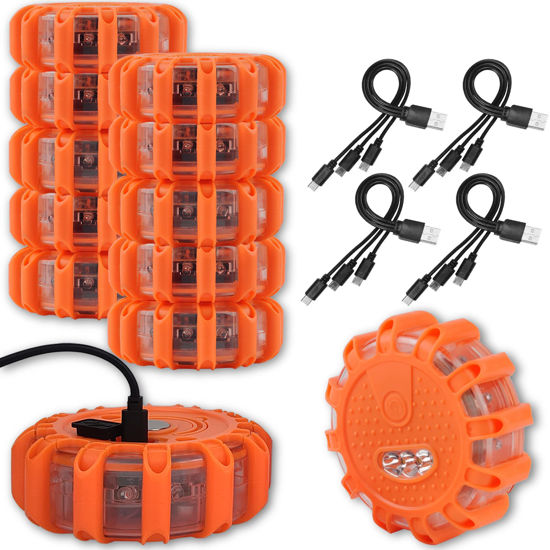 Picture of Ecoangel USB Rechargeable LED Road Flares Emergency Lights-Roadside Warning Car Safety Beacon Flashing Disc Flare Kit with Magnetic Base for Vehicles & Boat | 12 Beacon Disc Pack