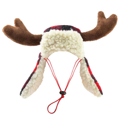 Picture of Huxley & Kent Pet Hat | Antler Buffalo Check (Medium) | Festive Christmas Holiday Accessory for Dogs/Cats | Holiday Pet Hat | SnugFit Sliding Toggles for Best Fit