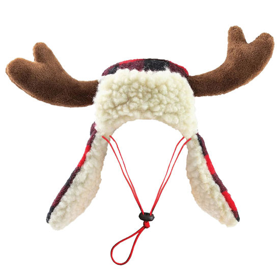 Picture of Huxley & Kent Pet Hat | Antler Buffalo Check (Medium) | Festive Christmas Holiday Accessory for Dogs/Cats | Holiday Pet Hat | SnugFit Sliding Toggles for Best Fit