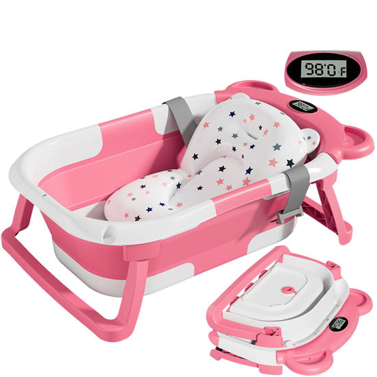 Picture of TPN Collapsible Baby Bathtub for Infants to Toddler with Real-time Temp Monitor+Floating Cushion,Foldable Baby Bath Tub Set Applicable 0-36 Month,Perfect Portable Travel Baby Tub for Newborns Girl