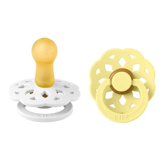 Picture of BIBS Boheme Pacifiers 2 Pack BPA Free Cherry Shape Nipple | White/Sunshine | Size 6-18 Months