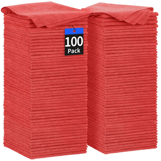 Picture of HOMERHYME Shop Towels Rags, 100 Pack Microfiber Cleaning Cloth Bulk Absorbent Detailing Rags, Lint-Free Microfiber Towels for Cars, Mechanic, Shop, Garage & Housekeeping 11.5"*11.5" Red