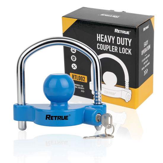 Picture of RETRUE Universal Coupler Lock Trailer Locks Ball Hitch Trailer Hitch Lock Adjustable Security Heavy-Duty Steel Fits 1-7/8 Inch, 2 Inch, 2-5/16 Inch Couplers, Baby Blue, Lightweight